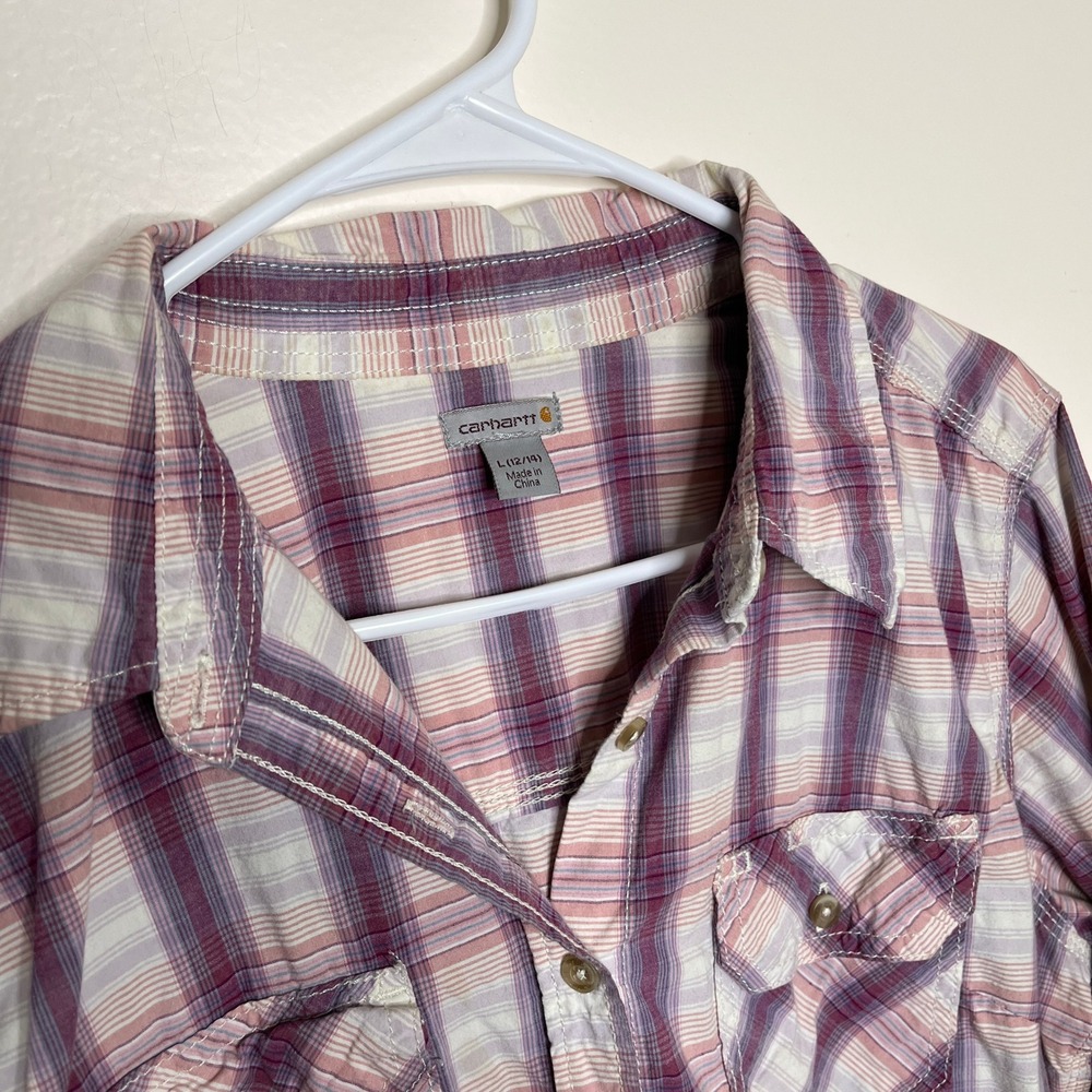 Carhartt Womens Plaid Button‎ Down Shirt Purple Pink Roll Tab Sleeve 101596 L - Picture 2 of 7